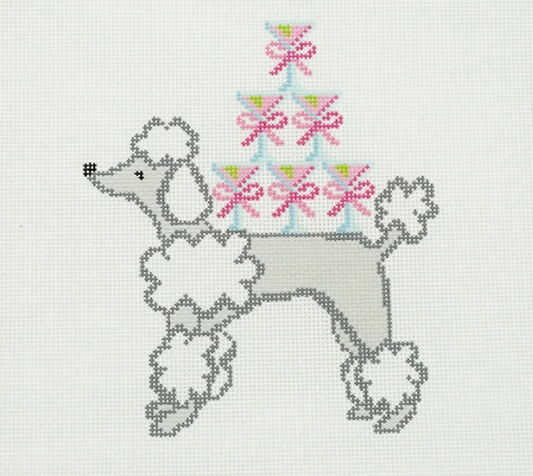 Cross-stitched design of a poodle with colorful bows on a light gray background