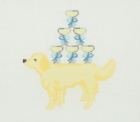 Cross-stitched design of a dog with a glass of champagne on a white background