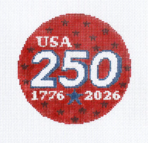 Circular design celebrating USA 250th anniversary with red, white, and blue colors on a white background.