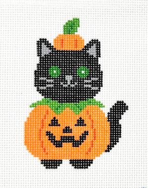 Halloween-themed cross-stitch pattern with a black cat in a pumpkin costume on a white background.