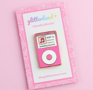 Pink MP3 player-shaped cookie on a pink card with 'glitterlicious' branding.