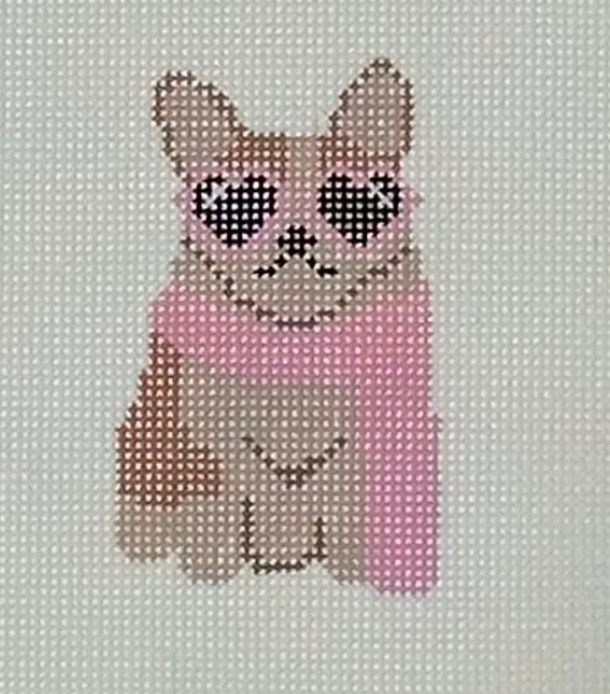 Cross-stitched design of a cat wearing sunglasses and a pink scarf.
