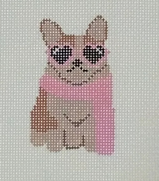 Cross-stitched design of a cat wearing sunglasses and a pink scarf.