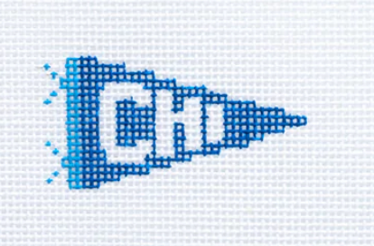A blue and white pixelated triangular pennant design with the letters 'CHI' on a white textured background.