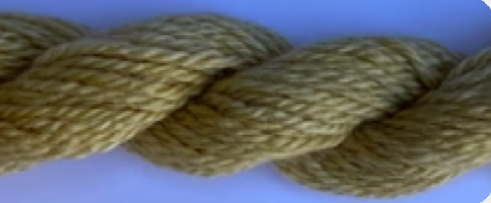 A close-up of a thick, twisted rope or cord in a muted olive-tan color, shown against a light blue background.