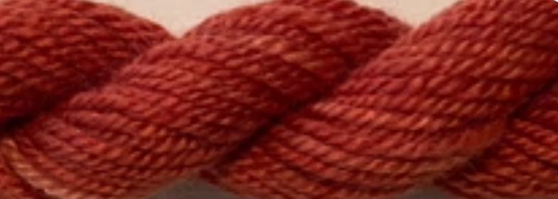 A close-up of a twisted yarn or cord in a warm rust red color, filling the frame.