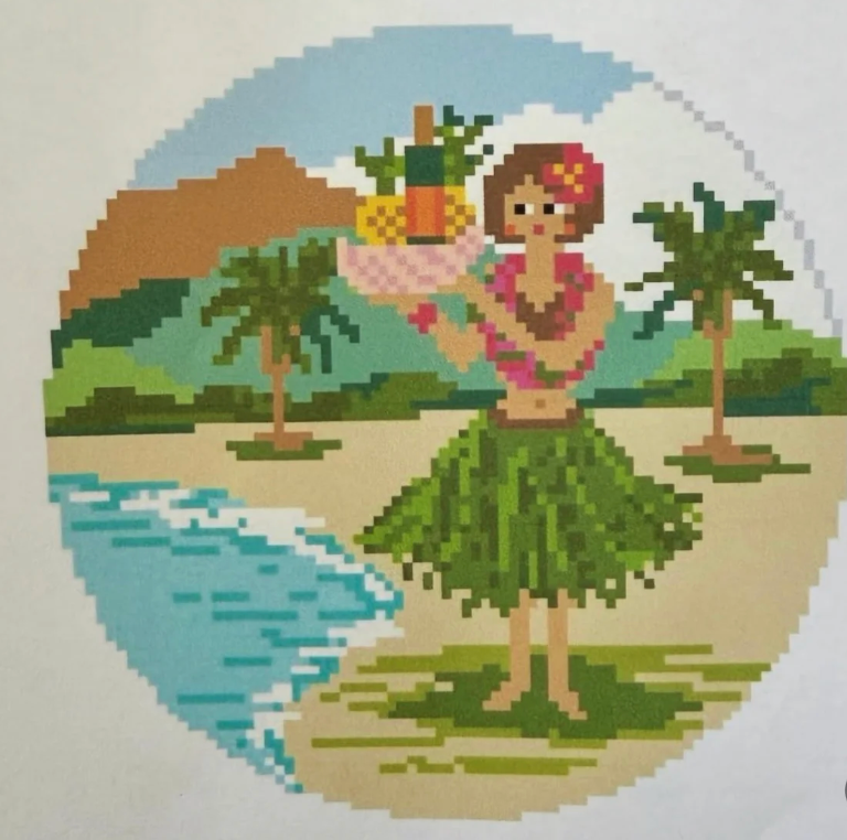 Pixel art hula dancer on tropical beach scene