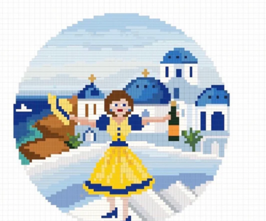 Greek island cross stitch pattern with woman by blue domes