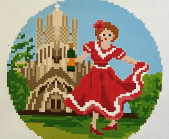 Pixel art woman dancing before cathedral in red dress