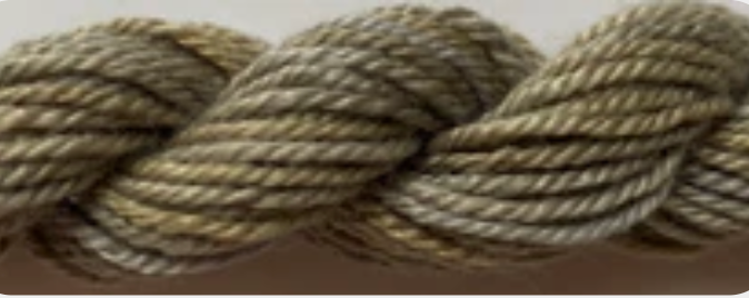 A close-up of a thick, twisted rope or cord in a mottled olive green, brown, and beige colorway.