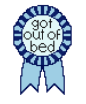 Got Out of Bed ribbon needlepoint canvas with blue award badge