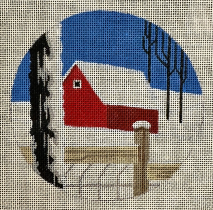 Winter landscape with red barn, snow, blue sky, and bare trees