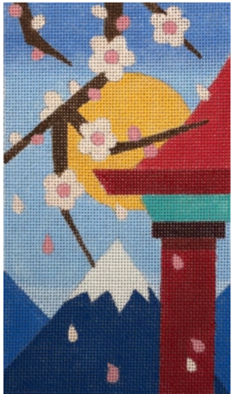 Japanese landscape with cherry blossoms, red pagoda, and mountains