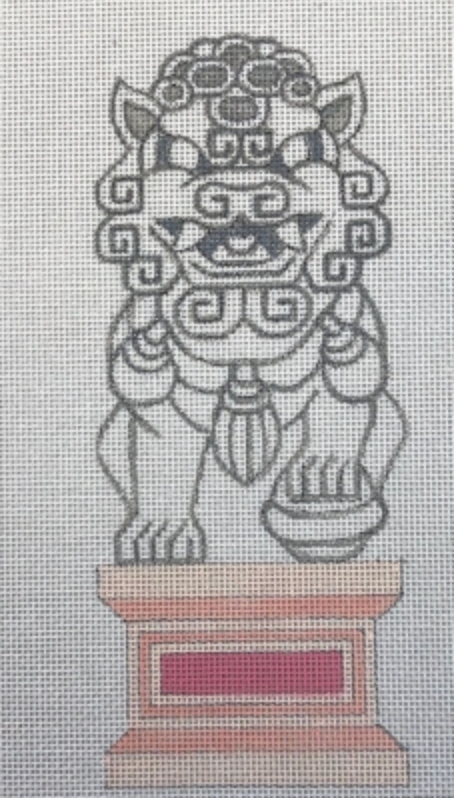 Chinese stone lion statue with blank red pedestal area