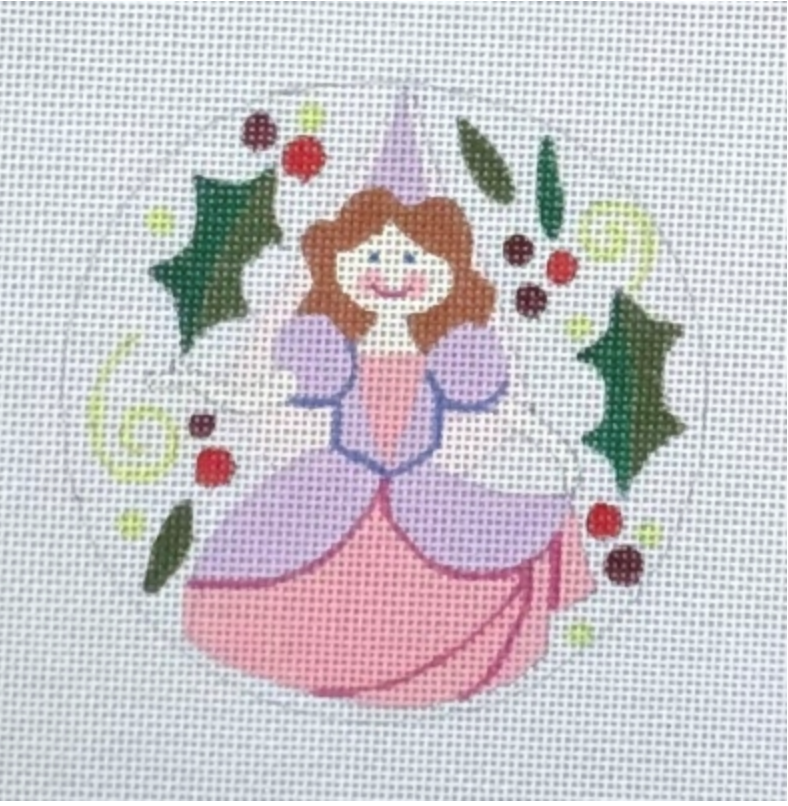 Whimsical princess with brown hair, purple hat, and pink dress
