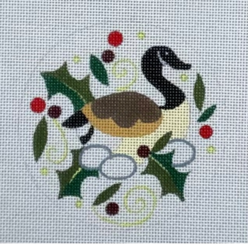 Canada goose with holly leaves, red berries, and green swirls