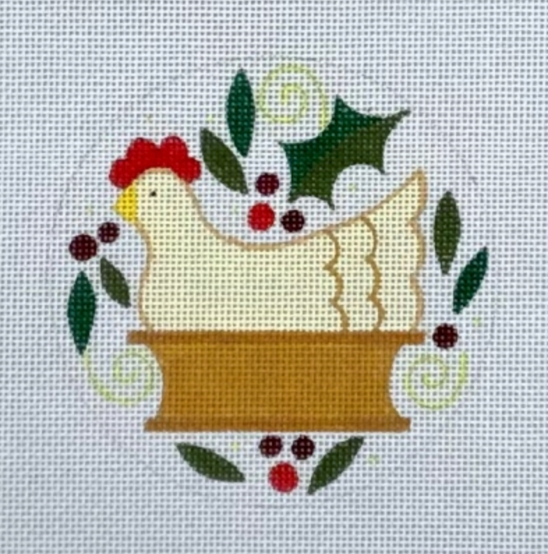Cartoon chicken sitting in basket with holly and red berries