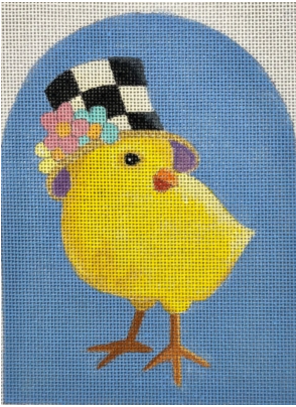 Yellow chick with checkered top hat and flower crown on blue