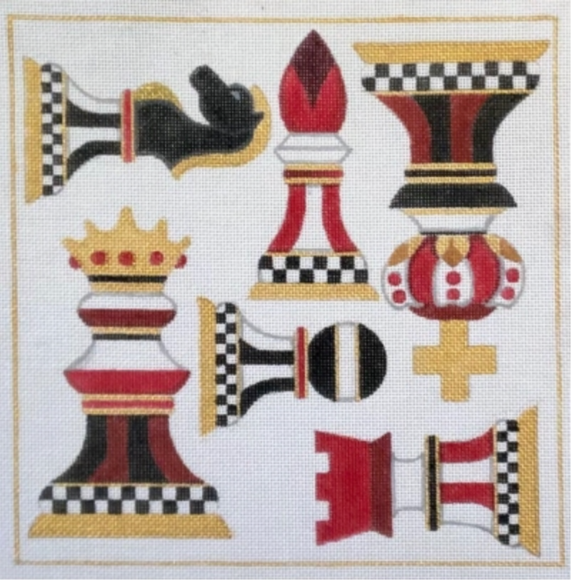 Seven chess pieces in red, black, gold, and white with gold border