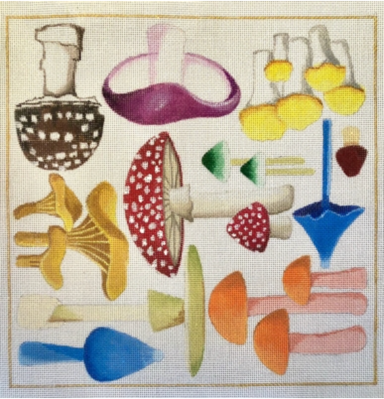 Colorful mushroom and botanical needlepoint design with gold border