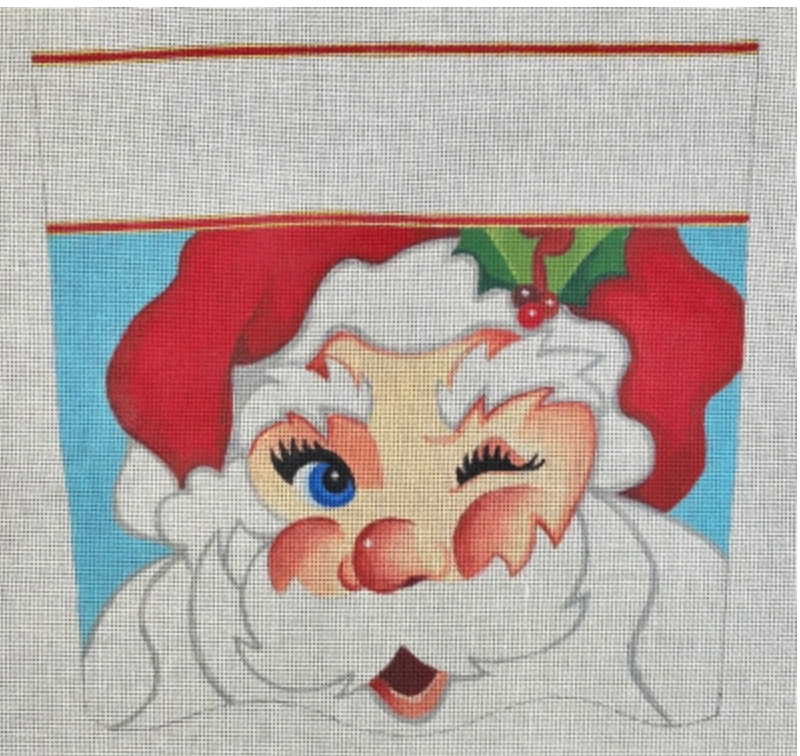 Whimsical winking Santa with red hat, white beard, and blue background