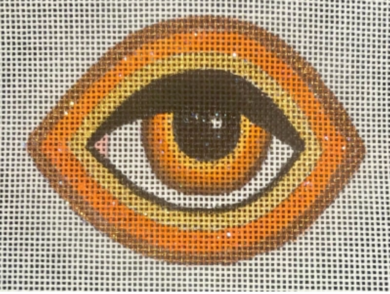 Stylized eye with orange, yellow, and black rings on white grid
