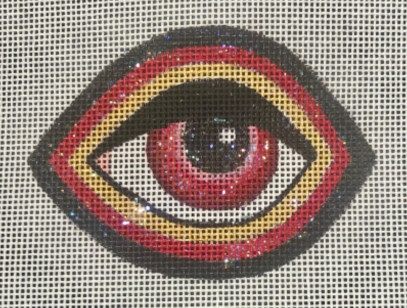 Stylized eye with black, red, and yellow rings on white grid