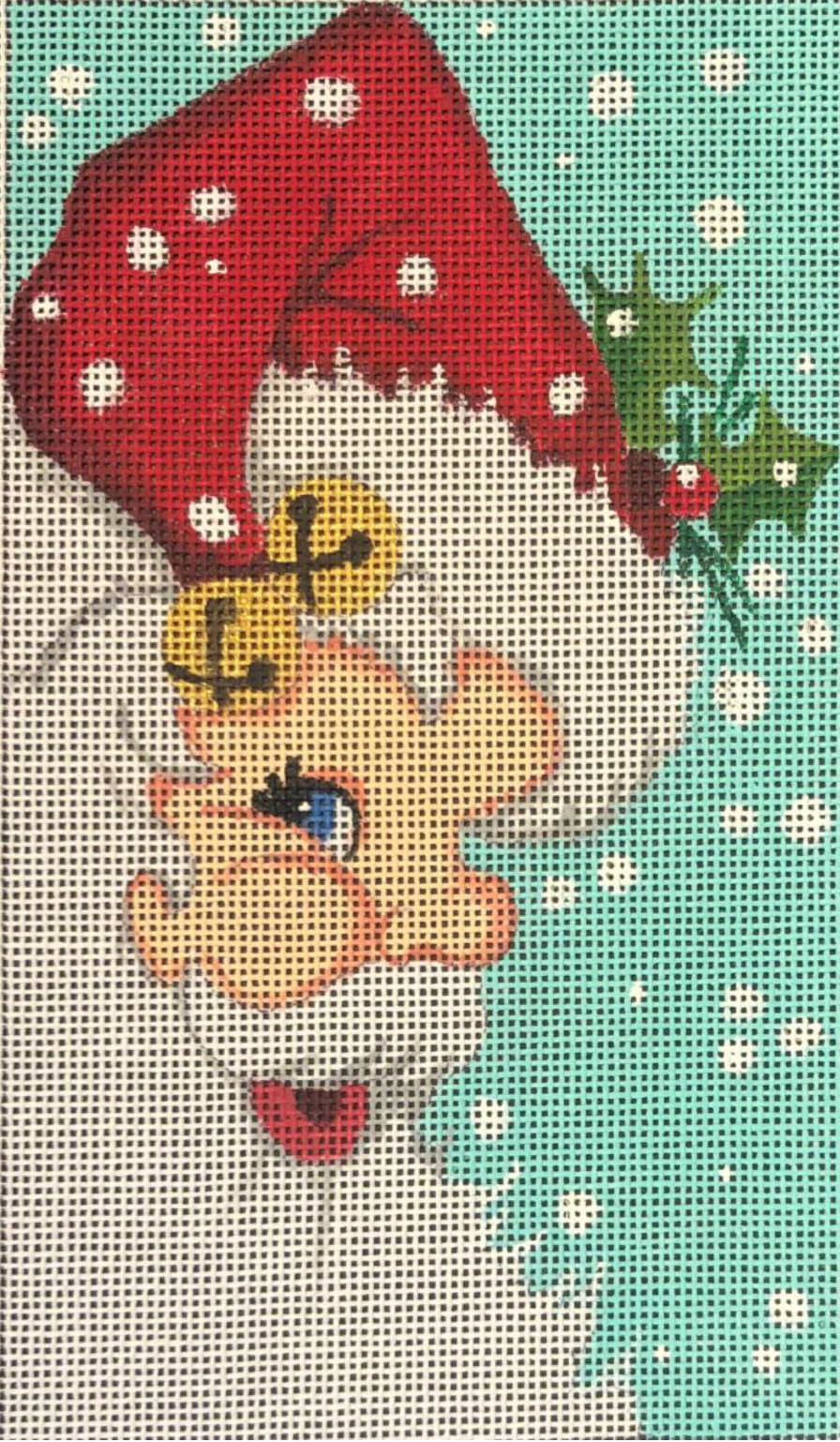 Santa Claus face with red hat, white beard, and blue eye