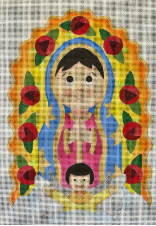Our Lady of Guadalupe with child, roses, and colorful halo