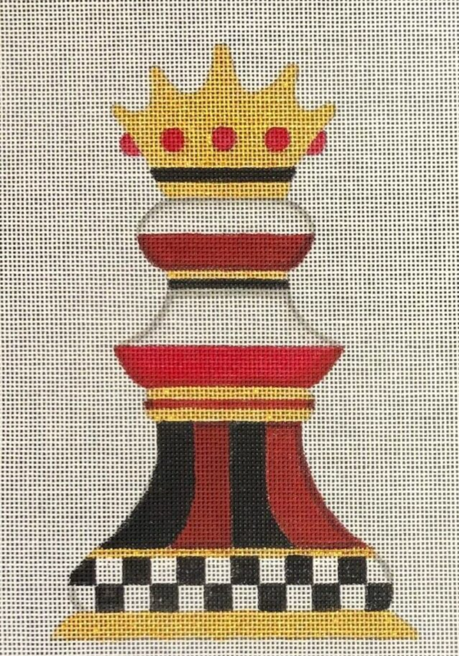 Stylized chess queen with gold crown and red accents