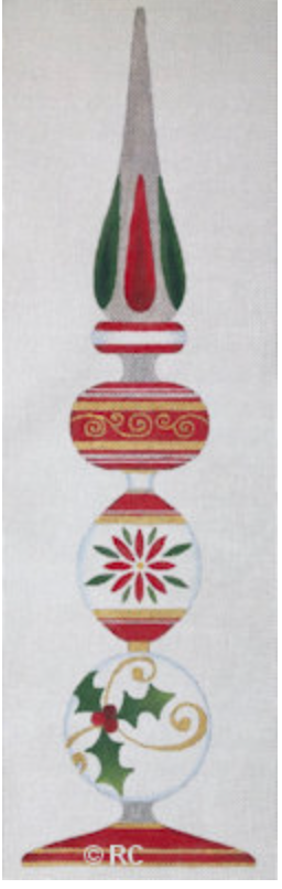 Vertical Christmas ornament with red, green, white, gold, and holly motifs