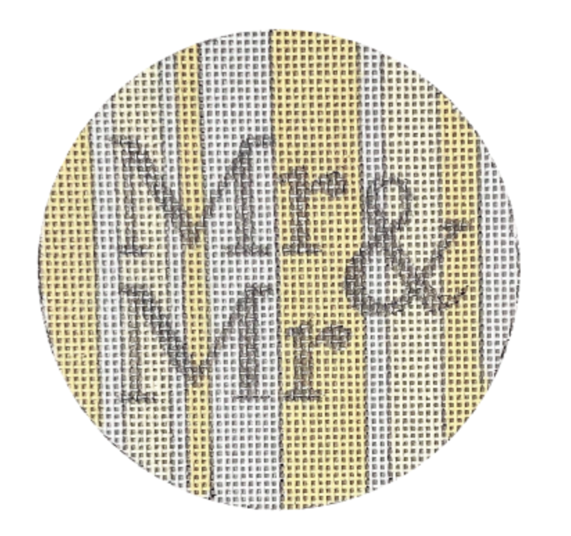 Circular Mr & Mr patch with gray lettering on yellow stripes