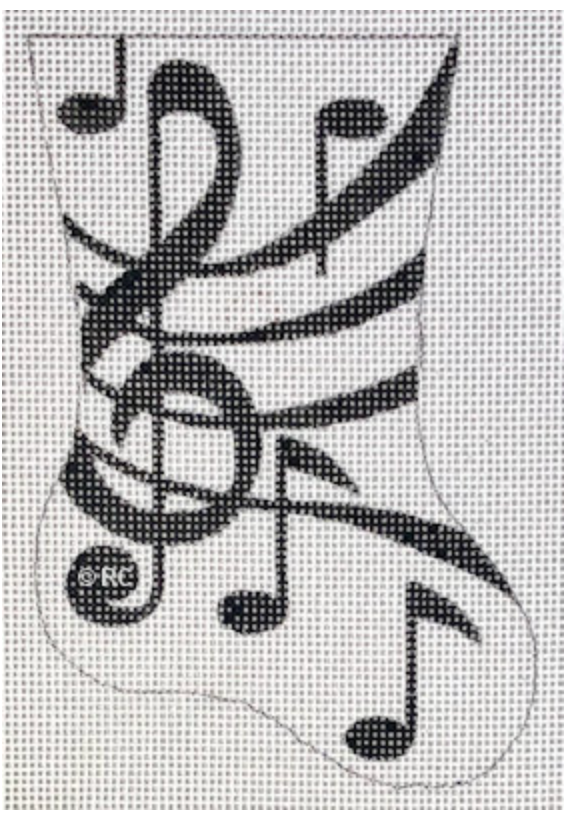 Black and white Christmas stocking needlepoint canvas with music notes