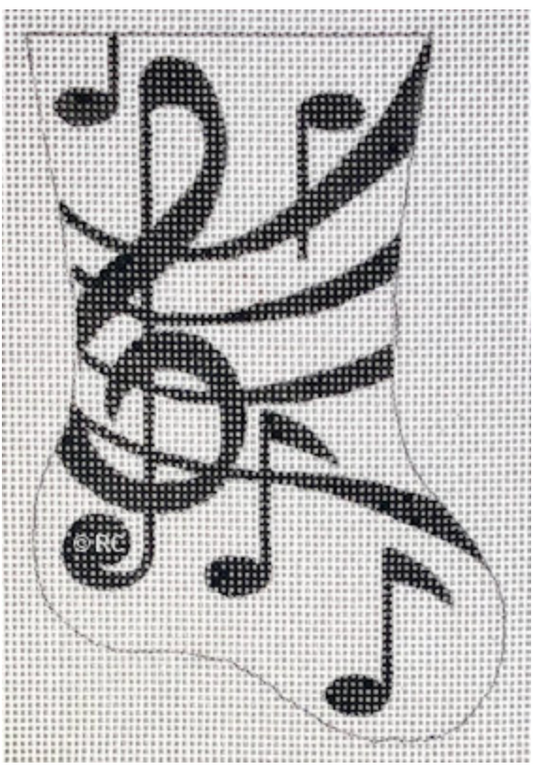 Black and white Christmas stocking needlepoint canvas with music notes