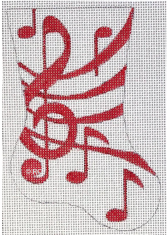 Red musical notes on stocking needlepoint canvas