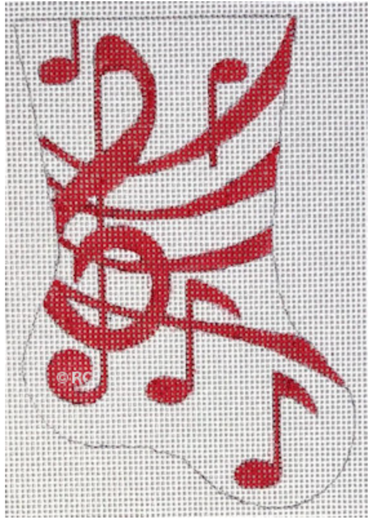Red musical notes on stocking needlepoint canvas