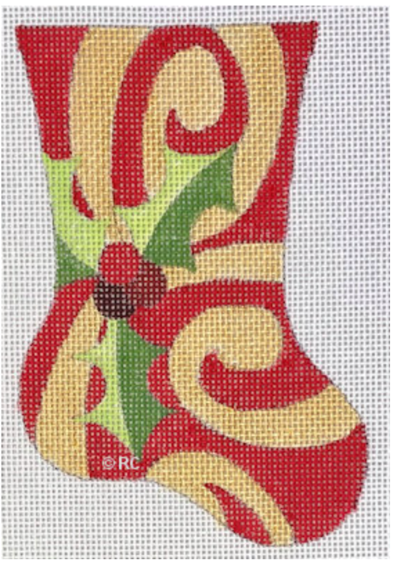 Festive Christmas stocking design with holly and swirls on white grid