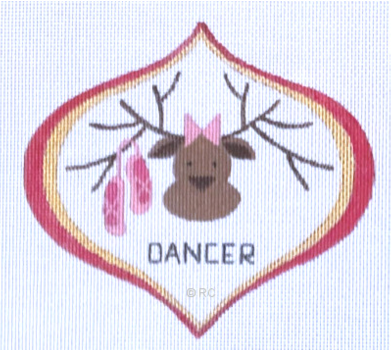 A deer needlepoint patch with pink bow and DANCER lettering