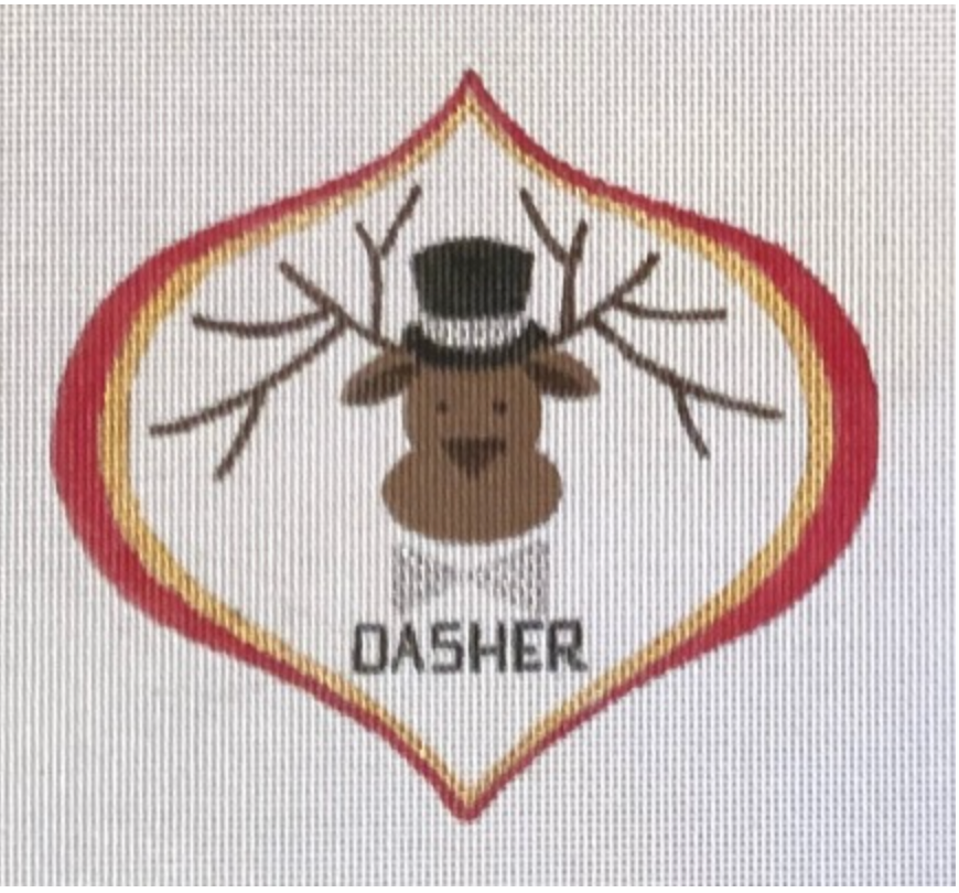 A needlepoint canvas featuring a reindeer named Dasher