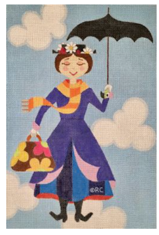 Woman with umbrella and patterned bag on a blue background