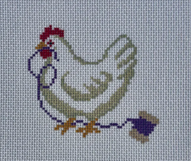 Olive green and beige chicken with red comb and purple outline