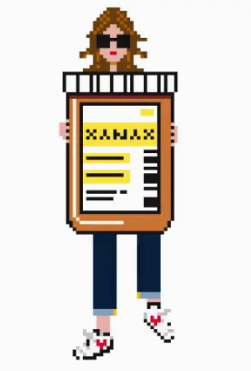 Pixel art person with sunglasses holding a bottle
