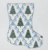 Christmas stocking with blue trellis pattern and green pine trees