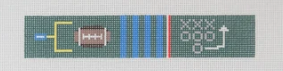 Blue and white striped fabric with red and yellow accents