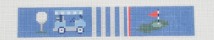 Blue golf-themed fabric with golf cart and flag design