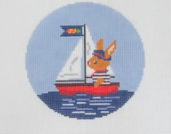 Cartoon rabbit in red boat on blue water