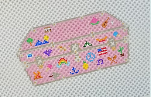 Pink needlepoint box with colorful beach-themed designs