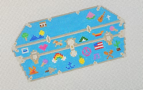 Blue embroidered storage box with colorful designs