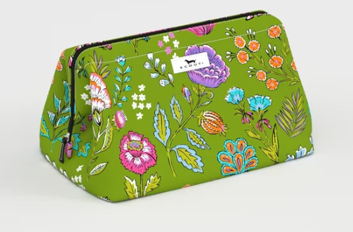 Vibrant green floral zippered pouch with a white front tag