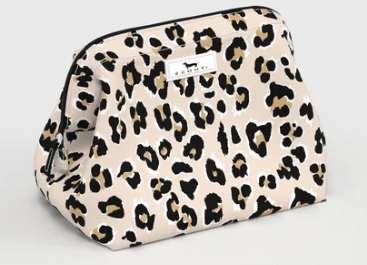 Leopard print cosmetic pouch with a white brand label